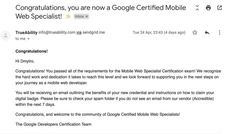 Congratulations, you are now a Google Certified Mobile Web Specialist